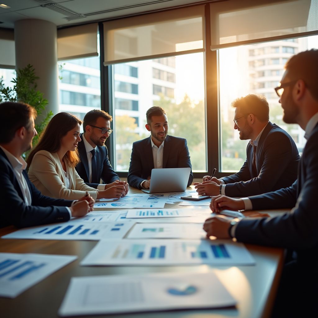 Equipo de FinancieraGlobal en una reunión estratégica en una oficina moderna y luminosa