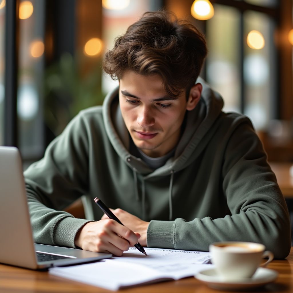 Una persona joven planificando sus finanzas en una libreta