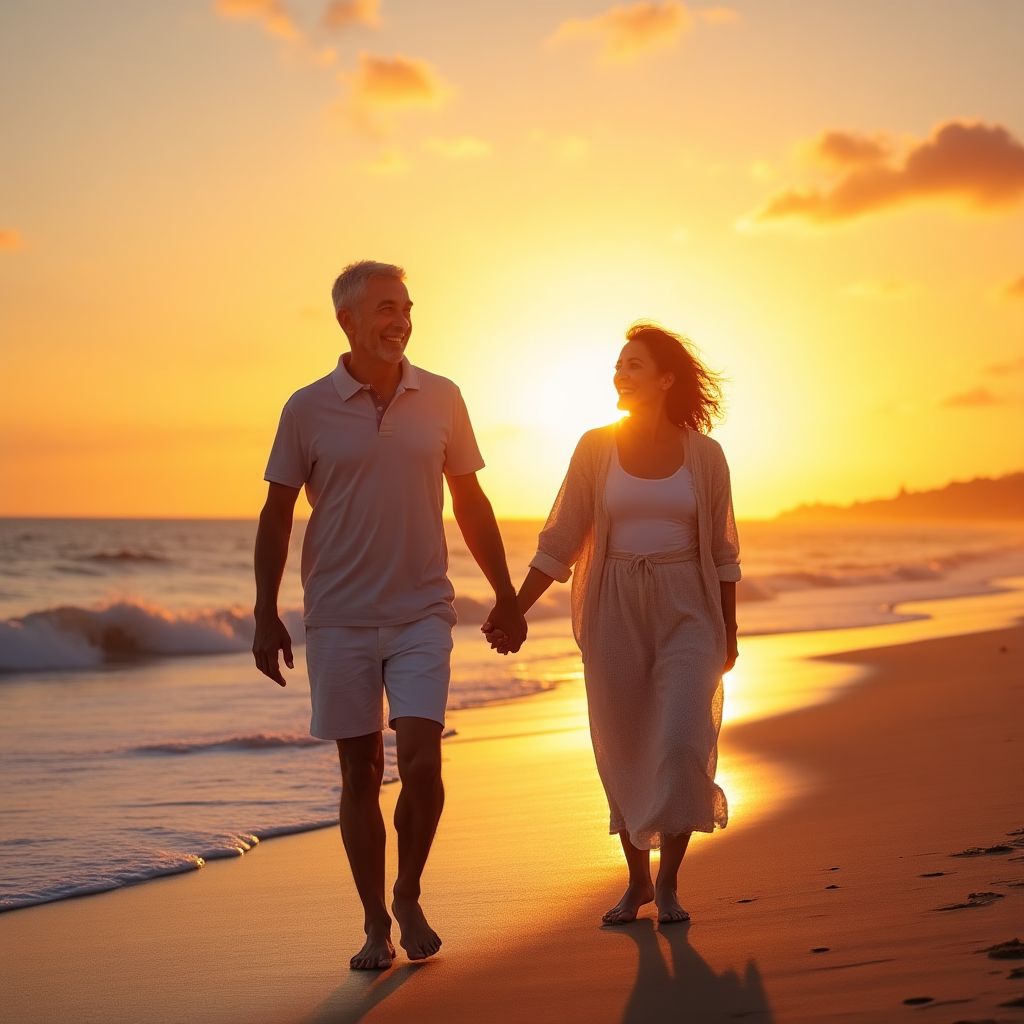 Una pareja de jubilados sonriendo en una playa