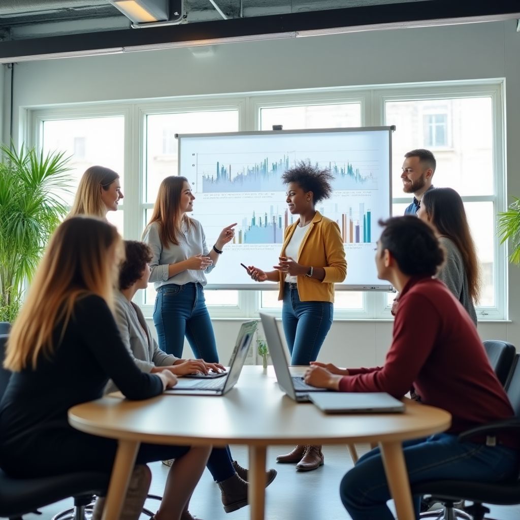 Equipo de una startup celebrando en una oficina moderna
